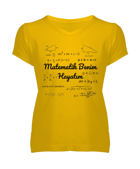 Tisho - Matematik Benim Hayatım Formüller Sarı Kadın V Yaka Tişört