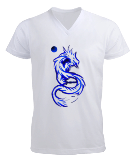 Tisho - Mavi ay mavi ejderha baskılı Beyaz Erkek Kısa Kol V Yaka Tişört