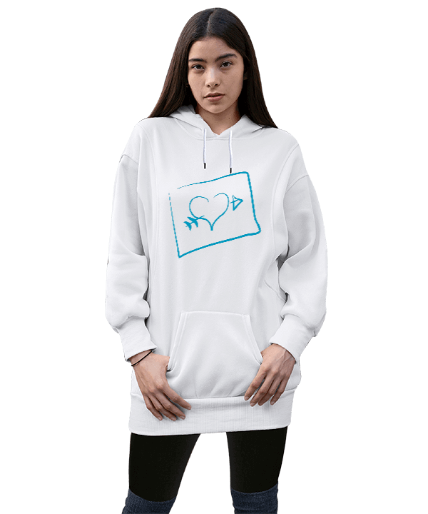 Tisho - mavi kalp ok mektup tasarımlı Kadın Uzun Hoodie Kapüşonlu Sweatshirt