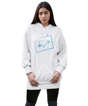 mavi kalp ok mektup tasarımlı Kadın Uzun Hoodie Kapüşonlu Sweatshirt - Tisho