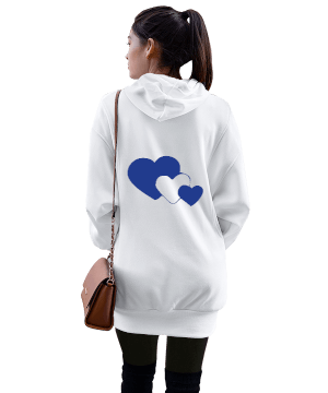 mavi kalp ok mektup tasarımlı Kadın Uzun Hoodie Kapüşonlu Sweatshirt - Thumbnail