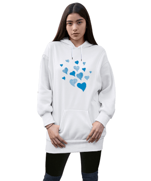 Tisho - mavi kalp tasarımlı Kadın Uzun Hoodie Kapüşonlu Sweatshirt