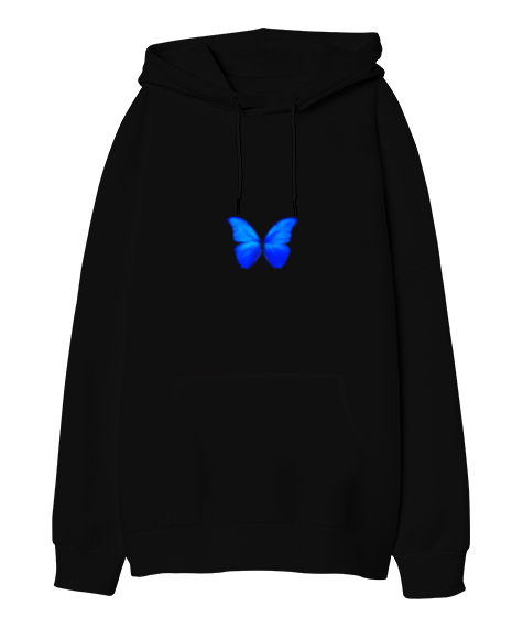 Tisho - Mavi kelebek baskılı basic hoodie Oversize Unisex Kapüşonlu Sweatshirt