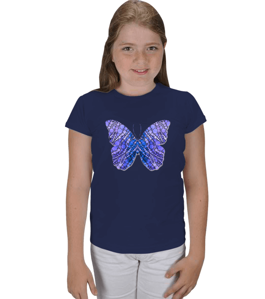 Tisho - Mavi kelebekli kız çocuk tişört Çocuk Karpuz Kol