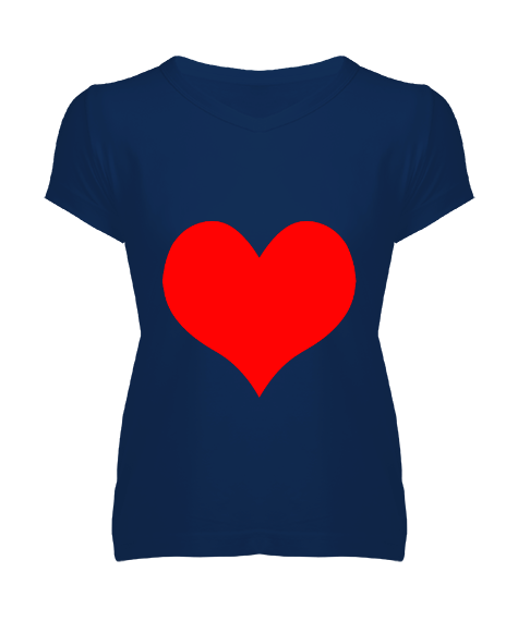 Tisho - Mavi Kırmızı Kalp Tasarımlı Kadın V Yaka Tişört