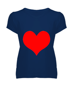 Mavi Kırmızı Kalp Tasarımlı Kadın V Yaka Tişört - Thumbnail