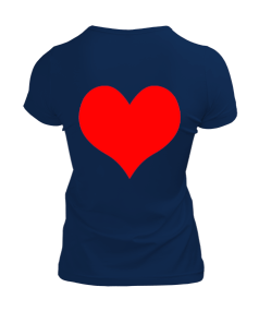 Mavi Kırmızı Kalp Tasarımlı Kadın V Yaka Tişört - Thumbnail