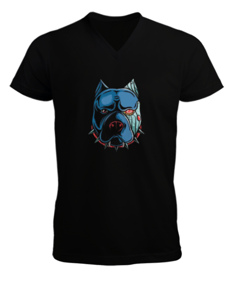 Tisho - Mavi köpek baskılı Siyah Erkek Kısa Kol V Yaka Tişört
