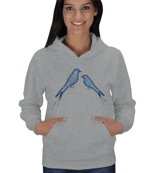 Mavi kuşlu sweatshirt Kadın Kapşonlu