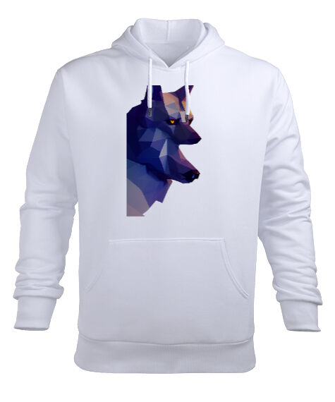 Tisho - Mavi sinirli sert bakışlı bozkurt Beyaz Erkek Kapüşonlu Hoodie Sweatshirt