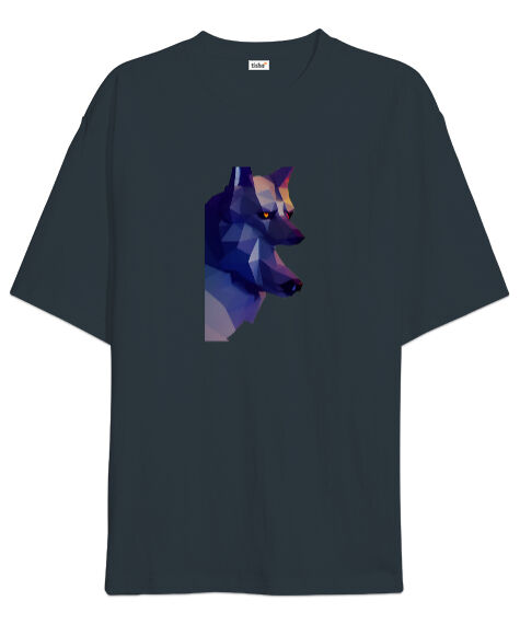 Tisho - Mavi sinirli sert bakışlı bozkurt Füme Oversize Unisex Tişört