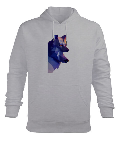 Tisho - Mavi sinirli sert bakışlı bozkurt Gri Erkek Kapüşonlu Hoodie Sweatshirt