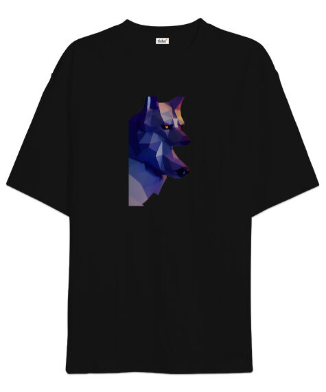 Tisho - Mavi sinirli sert bakışlı bozkurt Siyah Oversize Unisex Tişört