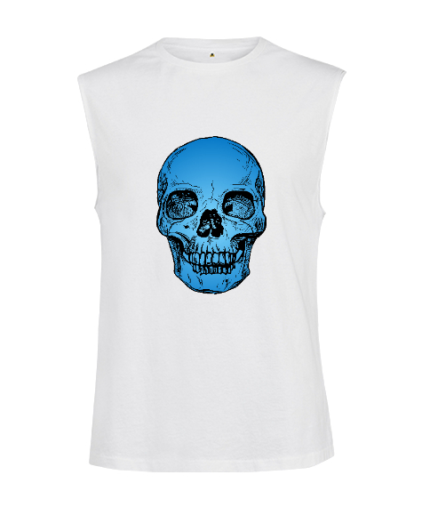 Tisho - Mavi Ürkütücü Kurukafa Beyaz Kesik Kol Unisex Tişört