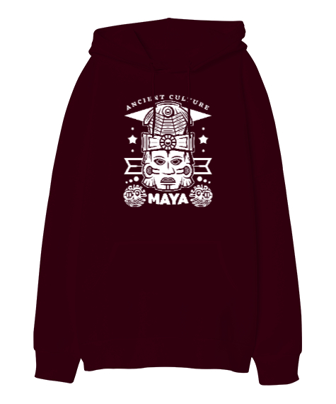 Tisho - Mayalar - Antik Kültür Bordo Oversize Unisex Kapüşonlu Sweatshirt