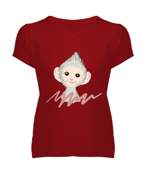 Tisho - Maymun figürlü Kadın V Yaka Tişört