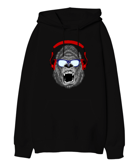 Tisho - Maymun illüstrasyon siyah Oversize Unisex Kapüşonlu Sweatshirt