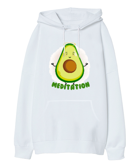 Tisho - Meditasyon Yapan Avokado Beyaz Oversize Unisex Kapüşonlu Sweatshirt