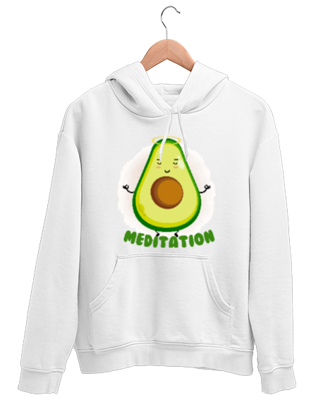 Tisho - Meditasyon Yapan Avokado Beyaz Unisex Kapşonlu Sweatshirt