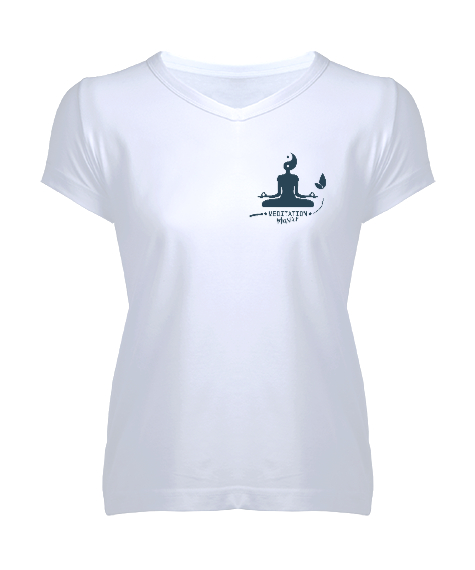 Tisho - Meditation Master - Meditasyon Ustası - Yoga çakra om Beyaz Kadın V Yaka Tişört