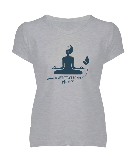 Tisho - Meditation Master - Meditasyon Ustası - Yoga çakra om Gri Kadın V Yaka Tişört