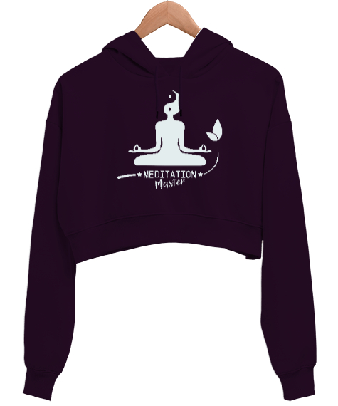 Tisho - Meditation Master - Meditasyon Ustası - Yoga çakra om Koyu Mor Kadın Crop Hoodie Kapüşonlu Sweatshirt