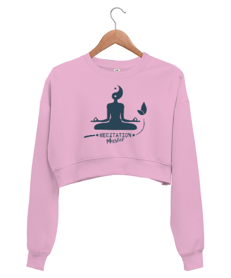 Tisho - Meditation Master - Meditasyon Ustası - Yoga çakra om Pembe Kadın Crop Sweatshirt