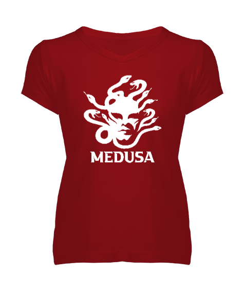 Tisho - Medusa - Yılan Başlı Mitoloji Kırmızı Kadın V Yaka Tişört