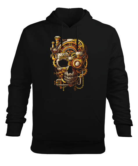 Tisho - Mekanik Kafatası Skull Tasarım Baskılı Siyah Erkek Kapüşonlu Hoodie Sweatshirt
