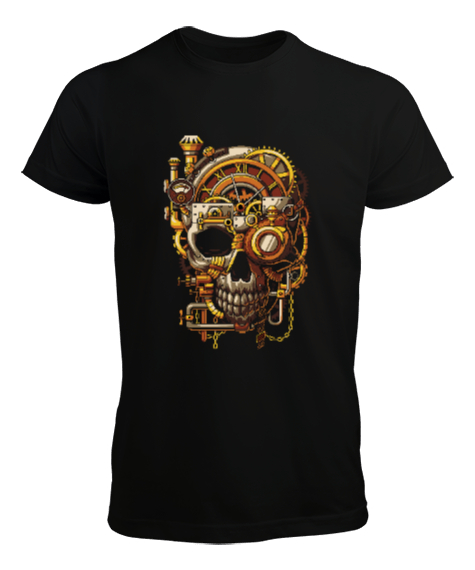 Tisho - Mekanik Kafatası Skull Tasarım Baskılı Siyah Erkek Tişört
