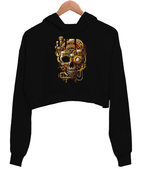 Tisho - Mekanik Kafatası Skull Tasarım Baskılı Siyah Kadın Crop Hoodie Kapüşonlu Sweatshirt