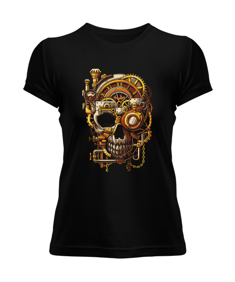 Tisho - Mekanik Kafatası Skull Tasarım Baskılı Siyah Kadın Tişört