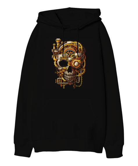 Tisho - Mekanik Kafatası Skull Tasarım Baskılı Siyah Oversize Unisex Kapüşonlu Sweatshirt
