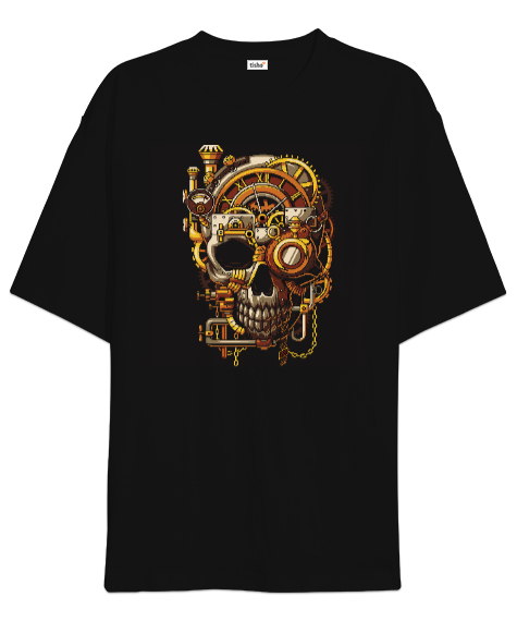 Tisho - Mekanik Kafatası Skull Tasarım Baskılı Siyah Oversize Unisex Tişört