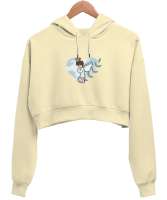 melek çocuk Krem Kadın Crop Hoodie Kapüşonlu Sweatshirt - Tisho