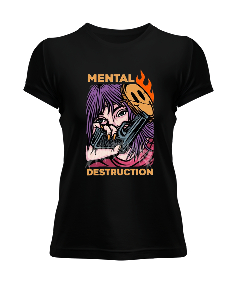 Tisho - Mental Destruction Tasarım Baskılı Siyah Kadın Tişört