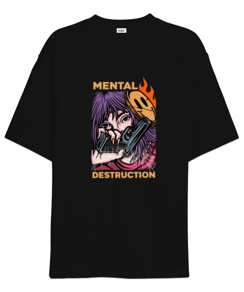Tisho - Mental Destruction Tasarım Baskılı Siyah Oversize Unisex Tişört