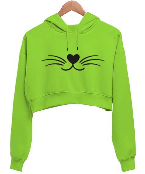 Tisho - Meow Fıstık Yeşili Kadın Crop Hoodie Kapüşonlu Sweatshirt