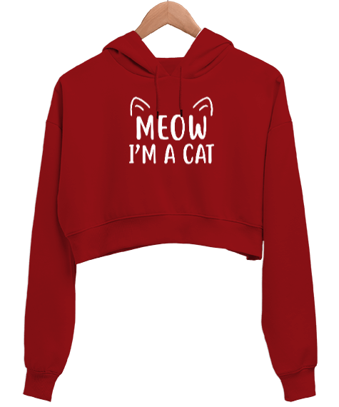 Tisho - Meow I am a Cat - Miyav Ben Bir Kediyim Baskılı Kırmızı Kadın Crop Hoodie Kapüşonlu Sweatshirt