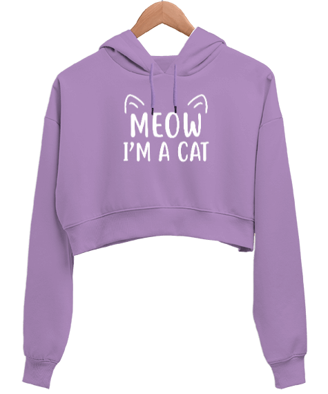 Tisho - Meow I am a Cat - Miyav Ben Bir Kediyim Baskılı Lila Kadın Crop Hoodie Kapüşonlu Sweatshirt