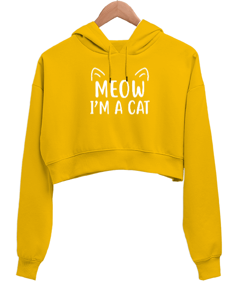 Tisho - Meow I am a Cat - Miyav Ben Bir Kediyim Baskılı Sarı Kadın Crop Hoodie Kapüşonlu Sweatshirt