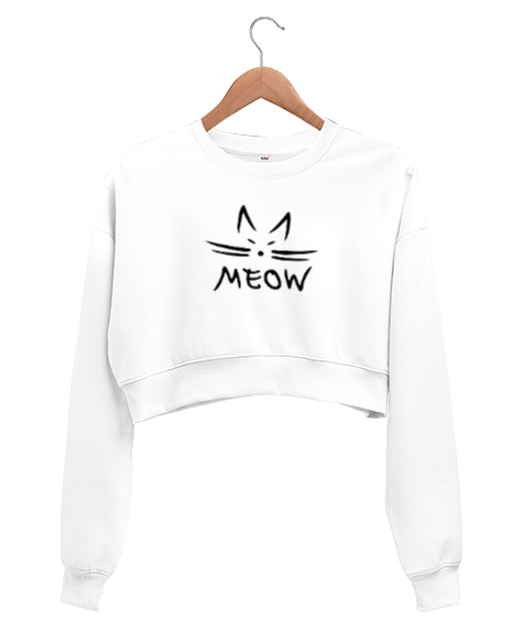 Tisho - Meow Kedi Beyaz Kadın Crop Sweatshirt