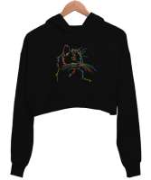 Meow Siyah Kadın Crop Hoodie Kapüşonlu Sweatshirt - Thumbnail