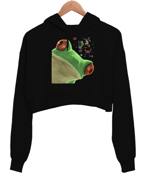 Tisho - Meraklı Kurbağa, Curious Frog Baskılı Siyah Kadın Crop Hoodie Kapüşonlu Sweatshirt