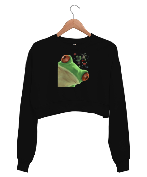 Tisho - Meraklı Kurbağa, Curious Frog Baskılı Siyah Kadın Crop Sweatshirt
