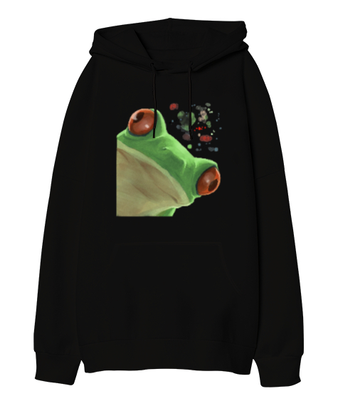 Tisho - Meraklı Kurbağa, Curious Frog Baskılı Siyah Oversize Unisex Kapüşonlu Sweatshirt