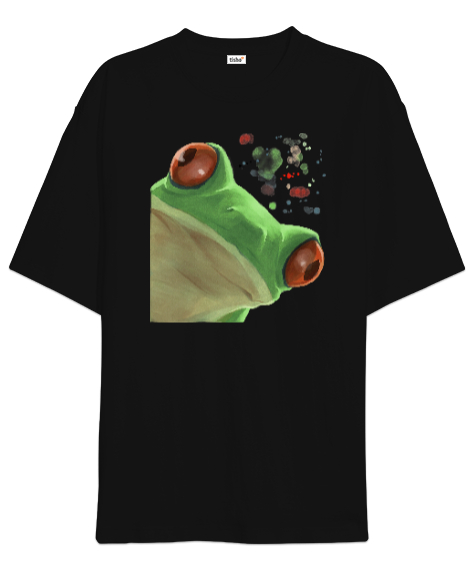 Tisho - Meraklı Kurbağa, Curious Frog Baskılı Siyah Oversize Unisex Tişört