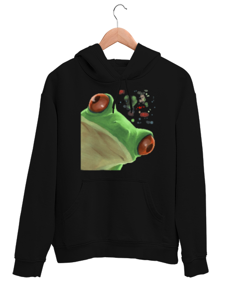 Tisho - Meraklı Kurbağa, Curious Frog Baskılı Siyah Unisex Kapşonlu Sweatshirt