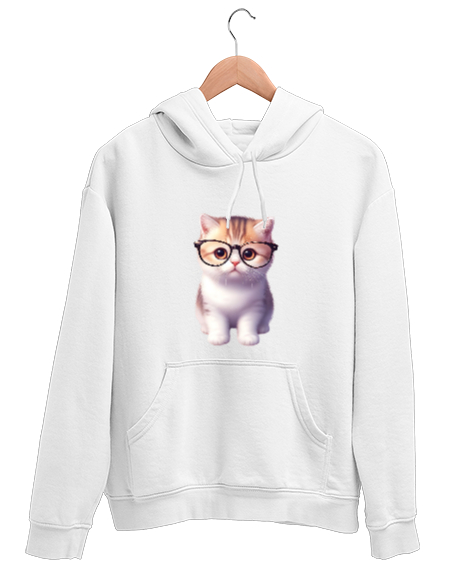 Tisho - Meraklı Sevimli Gözlüklü Kedi Beyaz Unisex Kapşonlu Sweatshirt