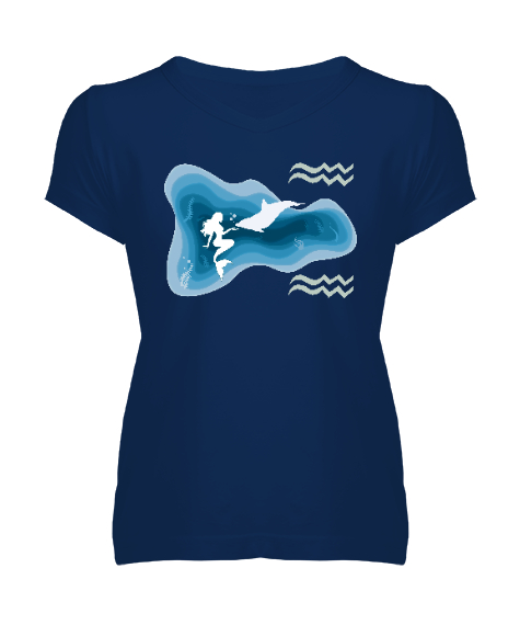 Tisho - Mermaid - Deniz Kızı ve Yunus Lacivert Kadın V Yaka Tişört